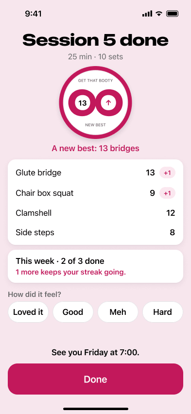 Session 5 done. A coin reads 13, new best. A new best: 13 bridges. Glute bridge 13, plus one.