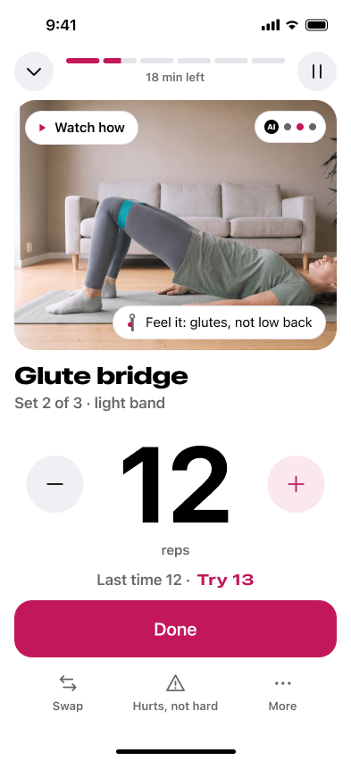 A set in progress. Glute bridge, set 2 of 3. The counter reads 12. Last time 12, try 13. A Done button.